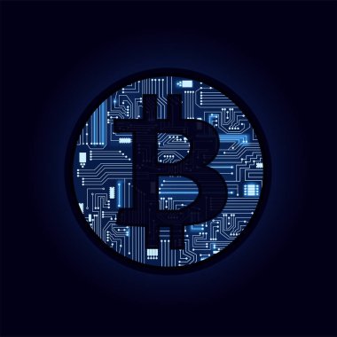 Elektronik devrelerle dolu bitcoin sembolü ile Bitcoin sikke. Mavi Arka Plan.