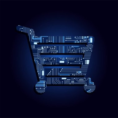 Alışveriş sepeti elektronik devre ile dolu. Mavi ve ışıklı kara zemin.