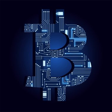 Elektronik devrelerle dolu Bitcoin sembolü. Mavi Arka Plan.