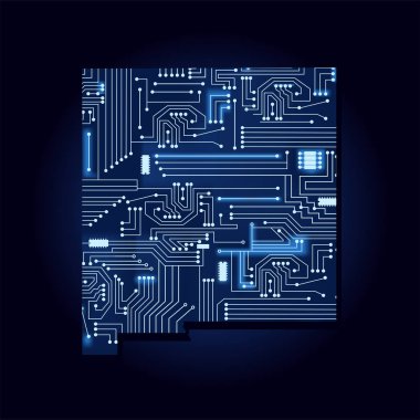 Teknolojik elektronik devresi ile New Mexico 'nun kontur haritası. ABD eyaleti. Mavi arka plan.