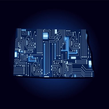 Kuzey Dakota 'da teknolojik elektronik devresi ile kontur haritası. ABD eyaleti. Mavi arka plan.