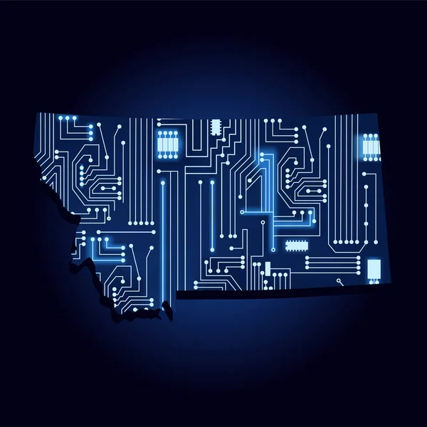 技術エレクトロニクス回路とモンタナの輪郭マップ アメリカ州 青い背景 — ストックベクタ