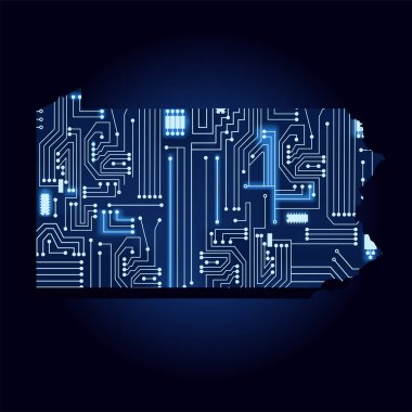 Teknolojik elektronik devresi olan Pennsylvania'nın kontur haritası. ABD devleti. Mavi arka plan.