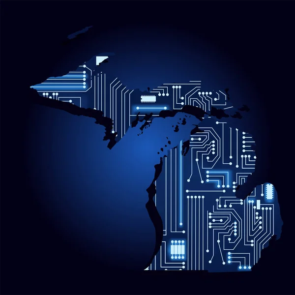 技術エレクトロニクス回路を持つミシガン州の輪郭マップ アメリカ州 青い背景 — ストックベクタ