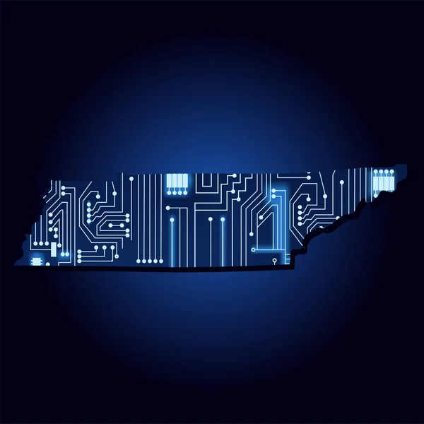 技術エレクトロニクス回路とテネシー州の輪郭マップ アメリカ州 青い背景 — ストックベクタ
