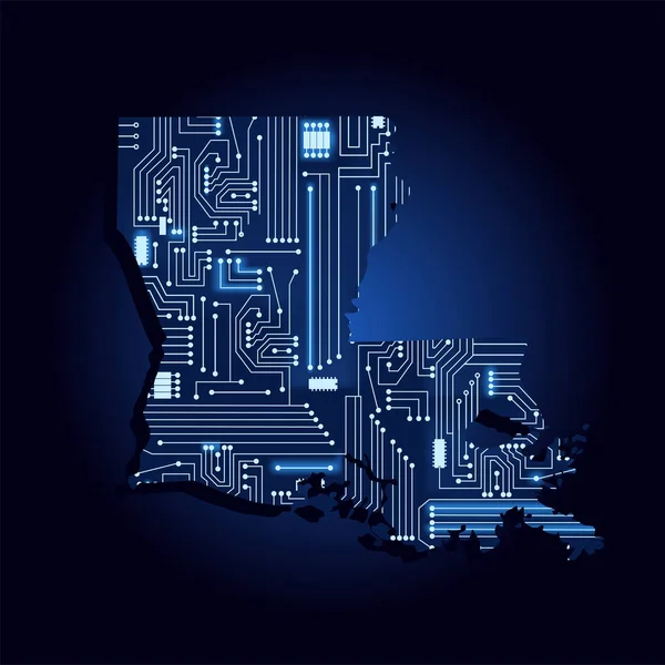 技術エレクトロニクス回路とルイジアナ州の輪郭マップ アメリカ州 青い背景 — ストックベクタ