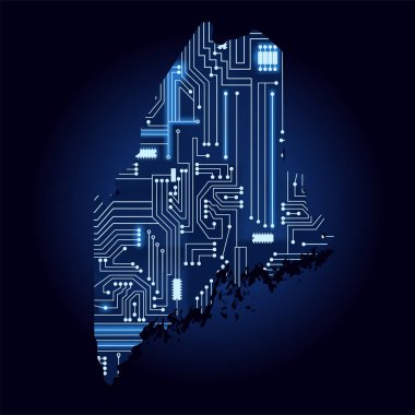 Teknolojik elektronik devreile Maine kontur haritası. ABD devleti. Mavi arka plan.