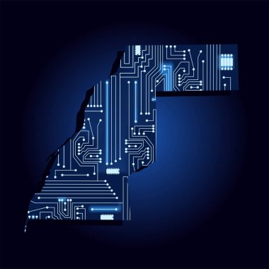 Teknolojik elektronik devreile Batı Sahra Kontur haritası. Afrika ülkesi. Mavi arka plan.