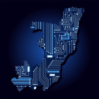Teknolojik elektronik devreile Kongo Kontur haritası. Afrika ülkesi. Mavi arka plan.