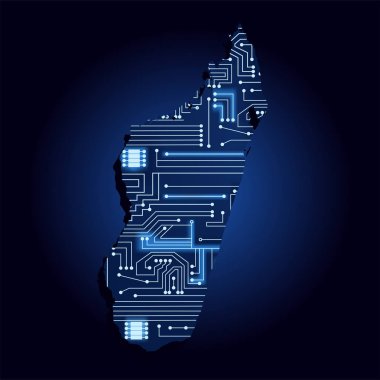 Teknolojik elektronik devre ile Madagaskar kontur haritası. Afrika ülkesi. Mavi arka plan.