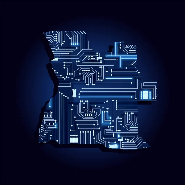 Teknolojik Elektronik Devreile Angola Kontur Haritası Afrika Ülkesi Mavi Arka — Stok Vektör