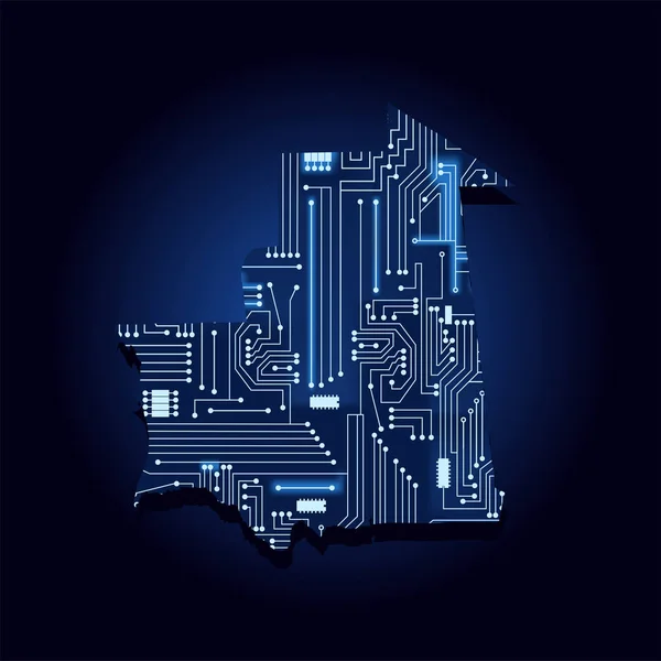 技術エレクトロニクス回路とモーリタニアの輪郭マップ アフリカの国青い背景 — ストックベクタ