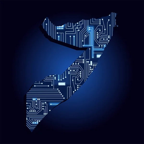 技術エレクトロニクス回路とソマリアの輪郭マップ アフリカの国青い背景 — ストックベクタ