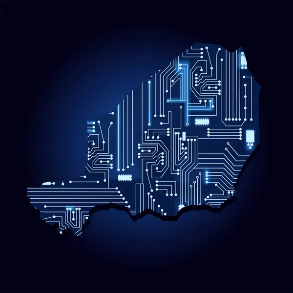 Teknolojik Elektronik Devreli Nijer Kontur Haritası Afrika Ülkesi Mavi Arka — Stok Vektör