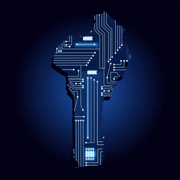 技術エレクトロニクス回路とベナンの輪郭マップ アフリカの国青い背景 — ストックベクタ