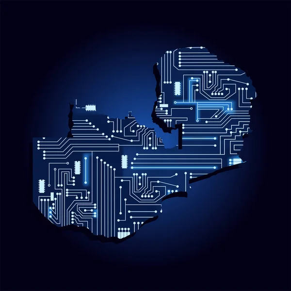 Mapa Konturu Zambii Układem Elektroniki Technologicznej Kraju Afrykańskim Niebieskie Tło — Wektor stockowy