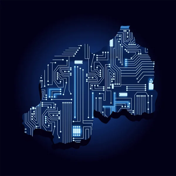 Teknolojik Elektronik Devreile Ruanda Kontur Haritası Afrika Ülkesi Mavi Arka — Stok Vektör