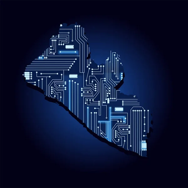 技術エレクトロニクス回路とリベリアの輪郭マップ アフリカの国青い背景 — ストックベクタ