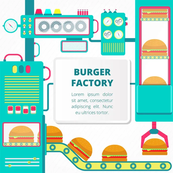 Kolorowa Fabryka Hamburger Cute Maszyn Płaska Konstrukcja Puste Miejsce Wstawianie — Wektor stockowy