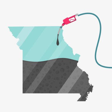 Missouri haritası, Usa 'da, petrolle dolduruluyor. Benzin pompalı harita. Haritada cam yansıması var. Amerikan devleti. Kavramsal. Petrol üretim veya ithal bölgeler.