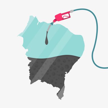 Brezilya 'nın kuzeydoğu haritası petrolle dolduruluyor. Benzin pompalı harita. Haritada cam yansıması var. Brezilya bölgesinden. Kavramsal. Petrol üretim veya ithal bölgeler.