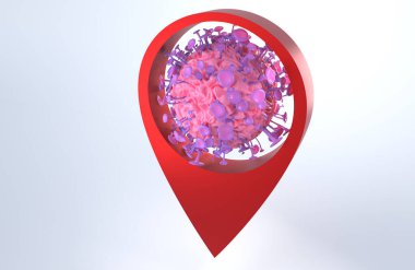Virüs ve konum simgesinin 3D görüntülenmesi.