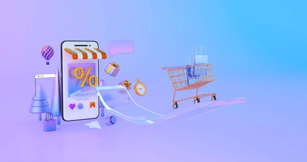 3d rendering of gold shopping cart with smartphone