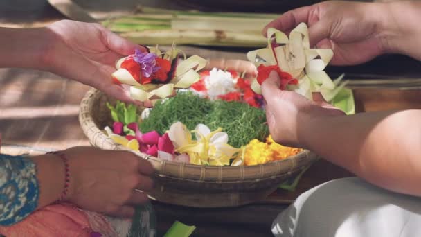 Nahaufnahme von Frauen, die Canang Sari balinesische Angebote machen — Stockvideo