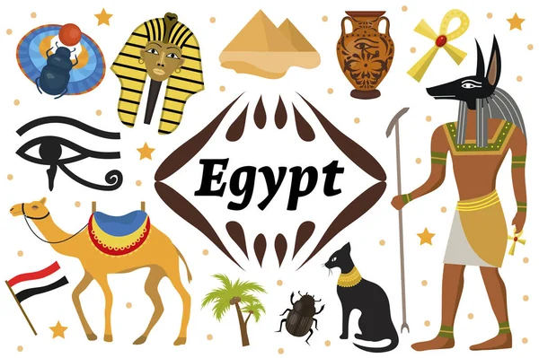 古魔法埃及设置图标对象。收藏设计元素女巫悲伤甲虫, 法老, 金字塔, 安克, 阿努比斯, 骆驼, 古色古香的象形文字。隔离在白色背景上。向量例证 — 图库矢量图片