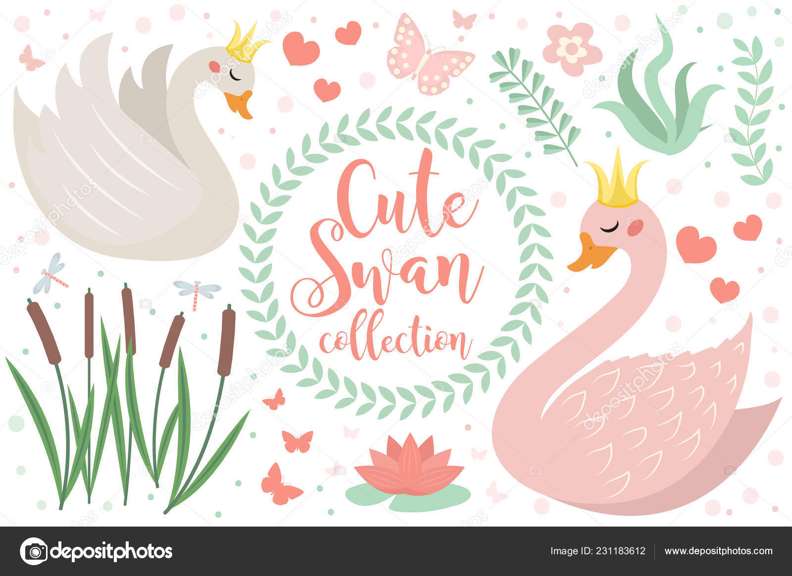 Floral Swan Crown Gazebo Valentine Wedding Romantic Waterlily Nursery Planner Graphics Illustrations Pond Magical Swan Lake Clipart Set