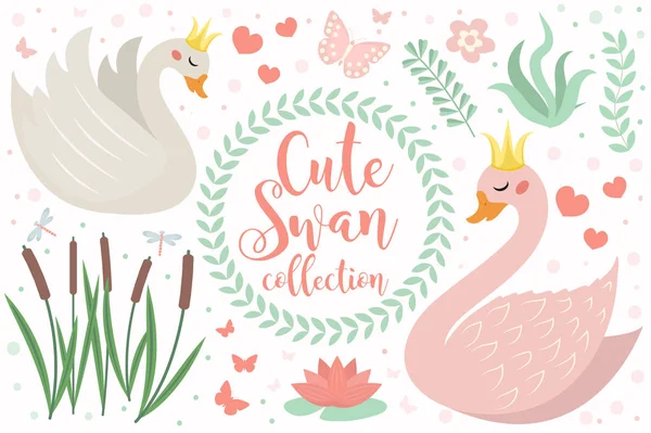 Ładny swan princess postać zbioru obiektów. Kolekcja element projektu z łabędzie, stroiki, lilia wodna, kwiaty, rośliny. Dzieci dziecko clipart śmieszne uśmiecha się zwierzęcego. Ilustracja wektorowa — Wektor stockowy