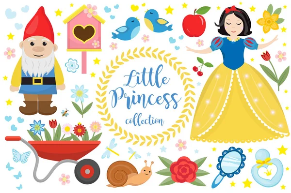 Cute fairytale princess snow white set objects. Collection design element with a little pretty girl, gnome, apple, flowers, birds. Kids baby clip art funny smiling character. Vector illustration — Stock Vector