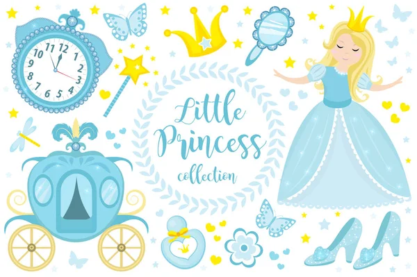 Cute little princess Cinderella set objects. Collection design element with pretty girl, carriage, watch, mirror, accessories. Kids baby clip art funny smiling character. Vector iillustration — Stock Vector