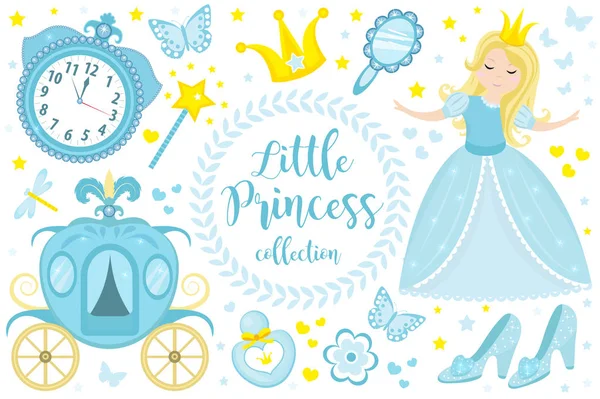 Niedlichen kleinen Prinzessin Aschenputtel Set-Objekte. Kollektion Design-Element mit hübschen Mädchen, Kutsche, Uhr, Spiegel, Accessoires. Kinder Baby Clip Art lustig lächelnden Charakter. Vektor iillustration — Stockvektor