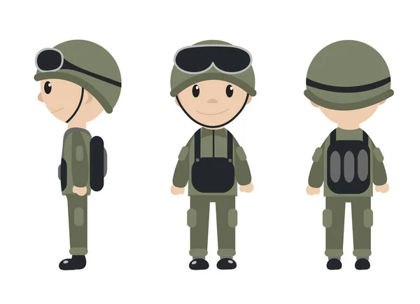 Cartoon soldato mascotte set di oggetti in stile piatto. Collezione di personaggi dei soldati. Isolato su sfondo bianco. Illustrazione vettoriale . — Vettoriale Stock