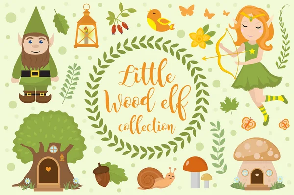 Lindo bosque elfo carácter conjunto de objetos. Colección de elemento de diseño con arquero elfo, enano, casa de setas de árbol, flores, plantas. Niños bebé clip arte divertido kit sonriente. Ilustración vectorial . — Vector de stock