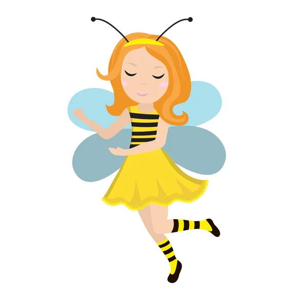 Linda niña icono de la abeja en plano, estilo de dibujos animados. Abeja disfraz de carnaval bebé. Aislado sobre fondo blanco. Ilustración vectorial . — Archivo Imágenes Vectoriales