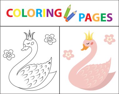 Çocuklar için boyama kitabı sayfası. Sevimli kuğu. Çizim anahattı ve renk versiyonu. Çocuk eğitimi. Vektör çizimi.