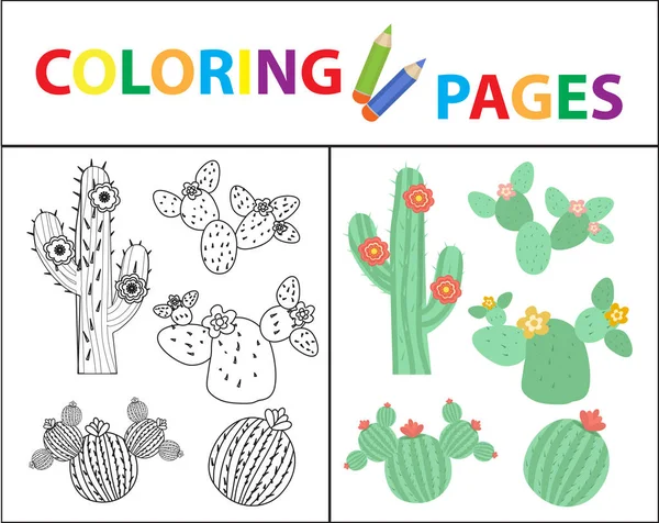 Kifestőkönyv oldal gyerekeknek. Készlet kaktusz. Vázlatrajz és színes változat. Gyermeknevelés. Vektoros illusztráció. — Stock Vector