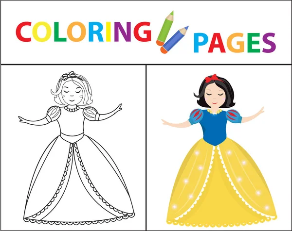 Página de libro para colorear para niños. Princesita Blancanieves. Bosquejo esquema y la versión en color. Educación infantil. Ilustración vectorial . — Vector de stock