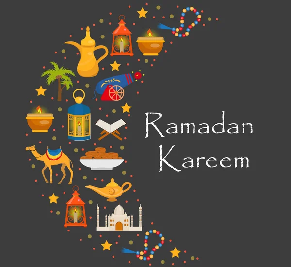 Ramadan Kareem Grußkarte mit arabischen Designelementen Kamel, Quadran, Laternen, Rosenkranz, Essen, Moschee. Vektorillustration. — Stockvektor