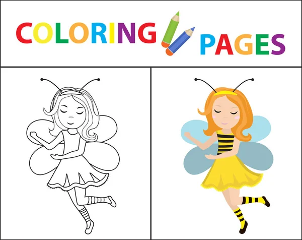 Malbuch für Kinder. Mädchen Biene Karnevalskostüm. Skizze Umriss und Farbversion. Kindererziehung. Vektorillustration. — Stockvektor