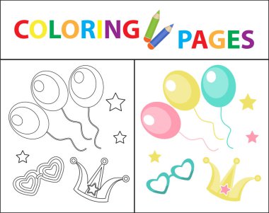 Çocuklar için boyama kitabı sayfası. Doğum günü balonları, karnaval seti. Çizim anahattı ve renk versiyonu. Çocuk eğitimi. Vektör çizimi.