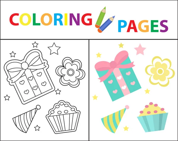 Kifestőkönyv oldal gyerekeknek. Születésnapi ajándék és sütemény szett. Vázlatrajz és színes változat. Gyermeknevelés. Vektoros illusztráció. — Stock Vector