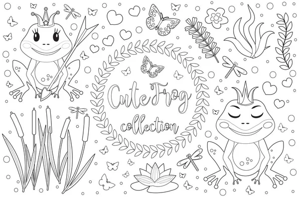 子供のためのかわいいカエルの王女の塗り絵のページ。湿地のリード、花、植物とデザイン要素のコレクション。子供の赤ちゃんクリップアート面白い笑顔の動物。ベクトルイラスト. — ストックベクタ