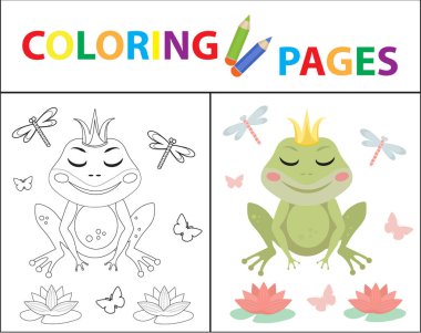 Çocuklar için boyama kitabı sayfası. Kurbağa prenses Sketch anahat ve renk versiyonu. Çocuk eğitimi. Vektör çizimi.