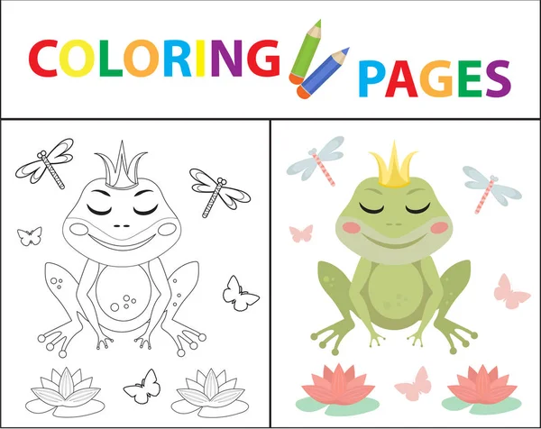 Malbuch für Kinder. Froschprinzessinnen skizzieren Umriss und Farbversion. Kindererziehung. Vektorillustration. — Stockvektor