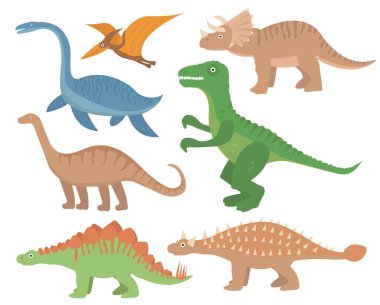 Dinozorlar düz simge seti, karikatür tarzı. Pterosaur, stegosaurus, triceratops, allosaurus, tyrannosaurus, apatosaurus, brontosaurus, ankylosaurus, plesiosaurus ile nesnelerin toplanması. Vektör
