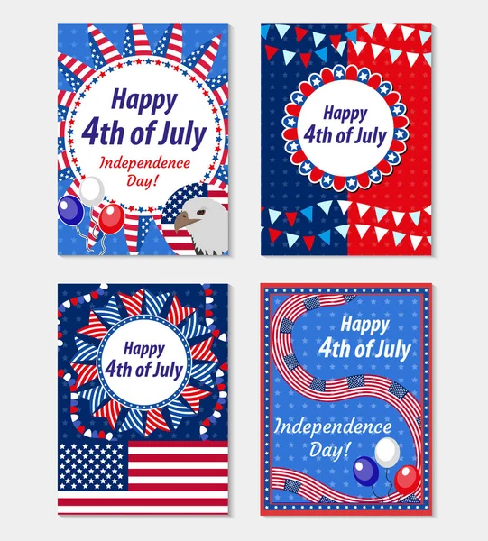 Joyeux 4 juillet carte de vœux, ensemble d'affiches. Collection de gabarits American Independence Day pour votre design. Illustration vectorielle — Image vectorielle