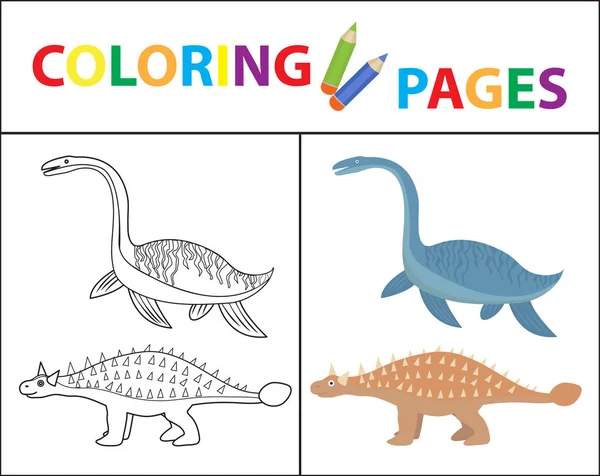 Malbuch für Kinder. Dinosaurier gehen unter. Skizze Umriss und Farbversion. Kindererziehung. Vektorillustration — Stockvektor